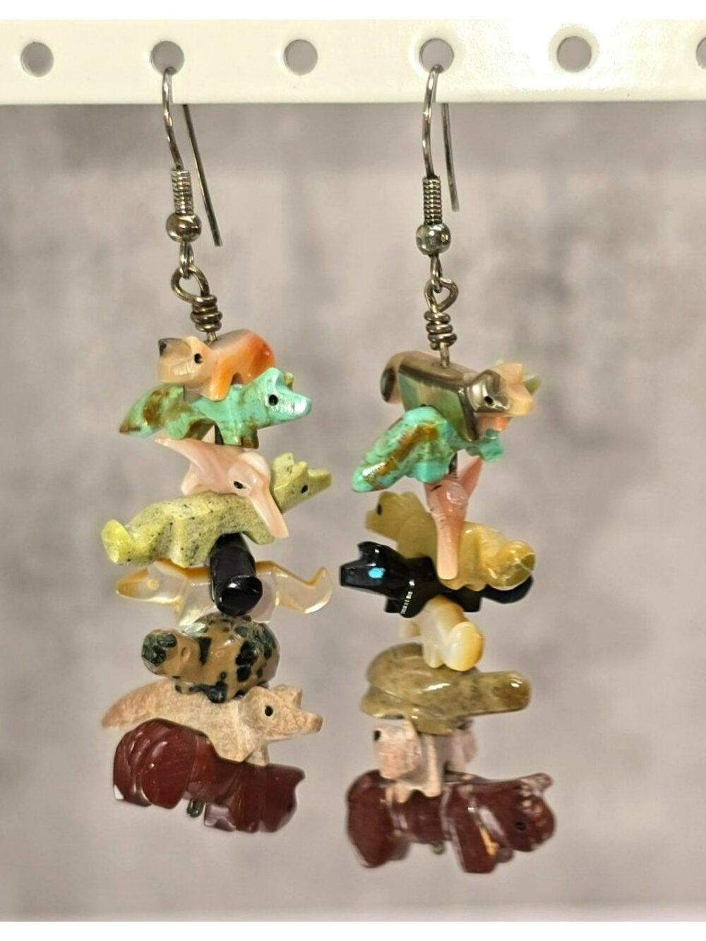 Hand-Carved Animal Fetish Earrings With Mixed Stones & Silver Hooks CM2392